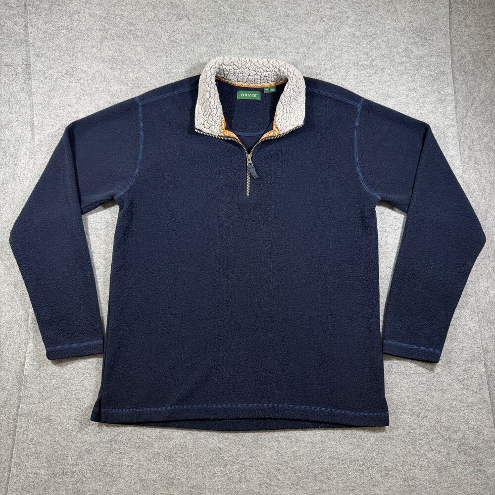 Orvis Quarter Zip Fleece Pullover Mens M Navy Sherpa Lined Collar Outdoor Casual